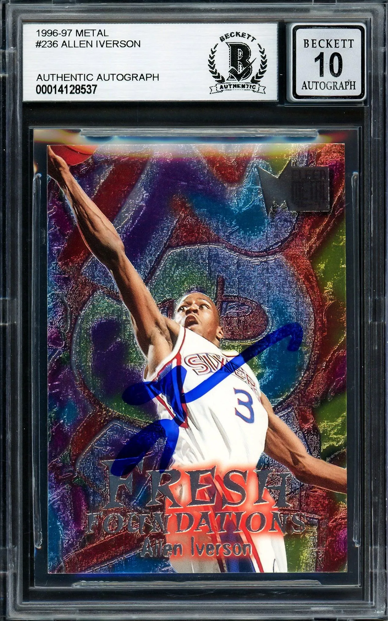 Allen Iverson Autographed 1996-97 Fleer Metal Fresh Foundations Rookie Card #236 Philadelphia 76ers Auto Grade Gem Mint 10 Beckett BAS Stock #205770