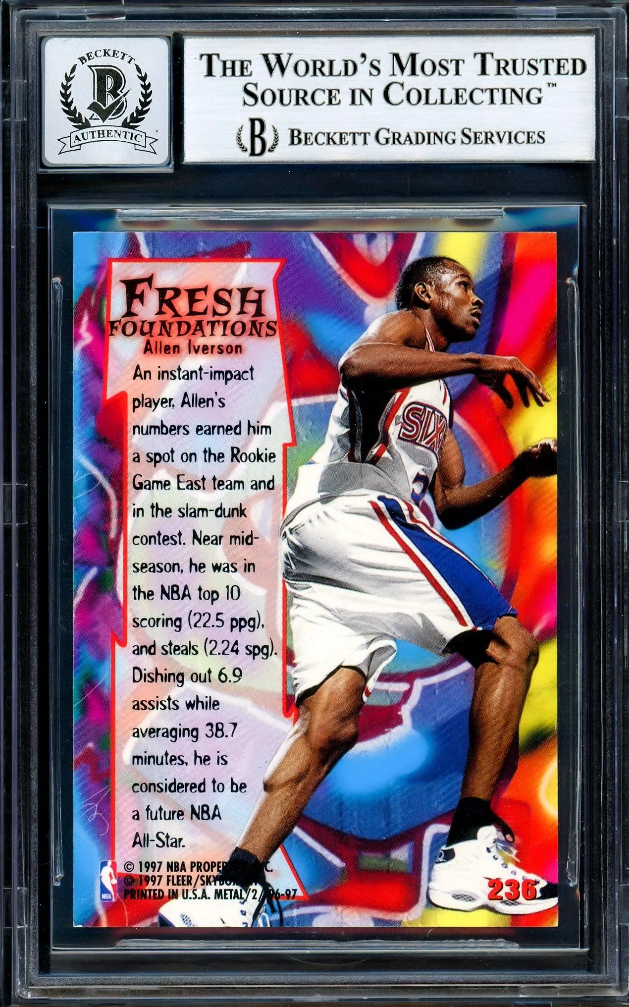 Allen Iverson Autographed 1996-97 Fleer Metal Fresh Foundations Rookie Card #236 Philadelphia 76ers Auto Grade Gem Mint 10 Beckett BAS Stock #205770