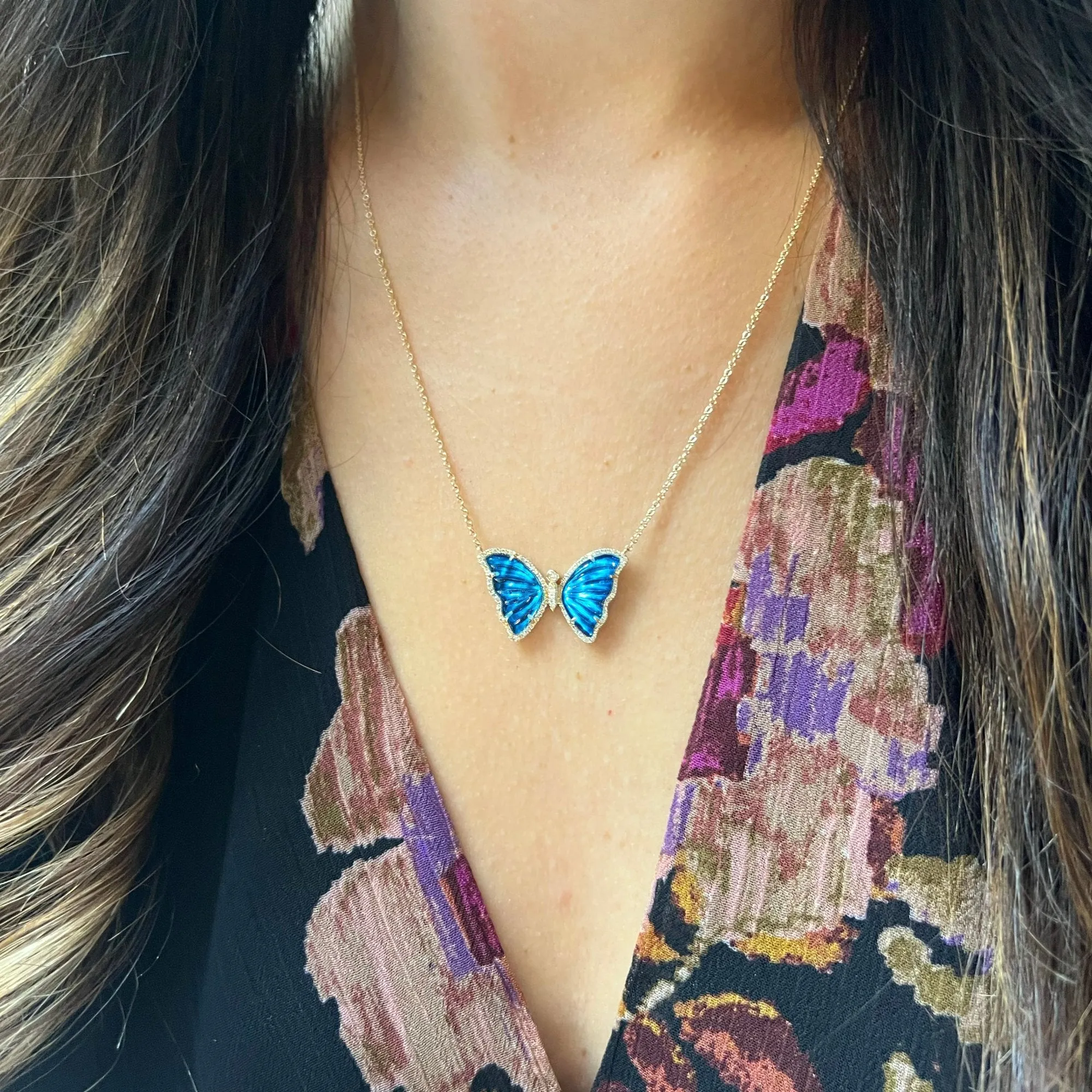 Blue Morpho Butterfly Necklace with Diamonds - London Blue Topaz