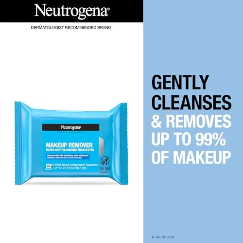 Neutrogena Makeup Remover Wipes, Ultra-Soft Cleansing Facial Towelettes for Waterproof Makeup, Alcohol-Free, Plant-Based, Twin Pack, 25 Count (Pack of 2)