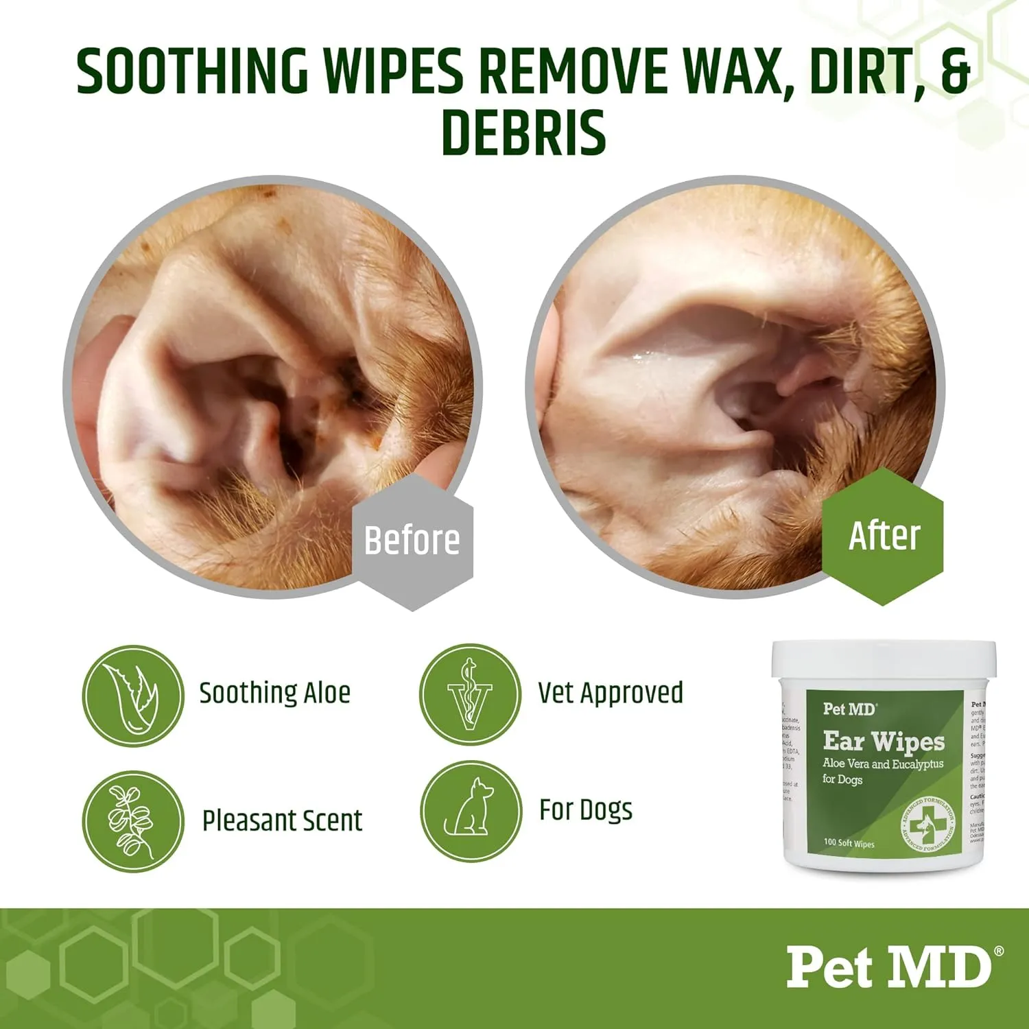 Pet MD Ear Cleaning Wipes for Dogs - Aloe and Eucalyptus Otic Cleanser - 100 Count: Soothes Itching and Prevents Infections