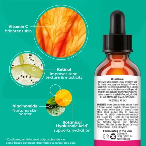 TruSkin Vitamin C-Plus Super Serum, Anti Aging Anti-Wrinkle Facial Serum with Niacinamide, Retinol, Hyaluronic Acid, and Salicylic Acid, 1 oz